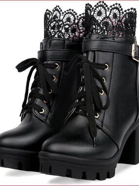 Chunky Platform High Heel Ankle Boots Lace Up Buckle Punk Shoes Faux Leather